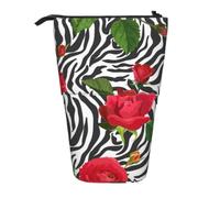 KYSANOL Red Flower Animal Zebra,Telescopic Pencil Case,Stand Pencil Holder with Zipper Pencil Pouch Pen Bag