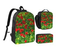 KYSANOL Red Poppy Field Farm Meadow Landscape Print,Student Backpack,Lunch Bag,Pencil Case 3 Piece Set