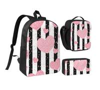 KYSANOL Romantic Heart Rose Gold Sequin Stripe,Student Backpack,Lunch Bag,Pencil Case 3 Piece Set