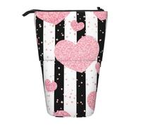 KYSANOL Romantic Heart Rose Gold Sequin Stripe,Telescopic Pencil Case,Stand Pencil Holder with Zipper Pencil Pouch Pen Bag