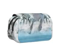 KYSANOL Seven Horses Running Double Clamshell Pen Case Portable Pencil Pouch with Zipper