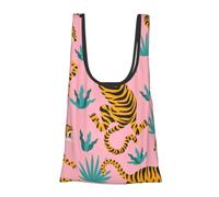 KYSANOL Shopping Bags Reusable Grocery Bags Foldable Tote Bags Large Capacity Carry Bag, Tigers Dancing On Pink Asian Tiger Gold Orange And Black Animal Print