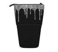 KYSANOL Silver Glitter Drips Sparkle Black,Telescopic Pencil Case,Stand Pencil Holder with Zipper Pencil Pouch Pen Bag
