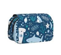 KYSANOL Smiling Shark Sea Animals Fishes Starfish Blue Double Clamshell Pen Case Portable Pencil Pouch with Zipper