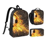 KYSANOL Soccer Ball In Burning Fire Flames,Student Backpack,Lunch Bag,Pencil Case 3 Piece Set