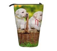 KYSANOL Two Dogs in A Basket Printed,Telescopic Pencil Case,Stand Pencil Holder with Zipper Pencil Pouch Pen Bag
