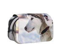 KYSANOL Two Siberian Husky Dogs Double Clamshell Pen Case Portable Pencil Pouch with Zipper