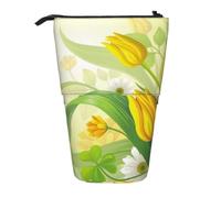 KYSANOL Watercolor Yellow Tulips,Telescopic Pencil Case,Stand Pencil Holder with Zipper Pencil Pouch Pen Bag
