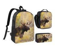 KYSANOL Wild Animal Moose Stan In Forest,Student Backpack,Lunch Bag,Pencil Case 3 Piece Set