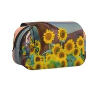 KYSANOL Yellow Sunflower Horse Printed Double Clamshell Pen Case Portable Pencil Pouch with Zipper