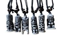 Kysin Chiys 6 Pcs Retro Hawaiian Tiki Resin Protection Amulet Lucky Pendant Necklaces Cute Caved Satue Adjustable Rope Chain Necklace Vintage Jewelry for Men Women, Zinc, No Gemstone