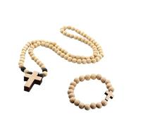 Kysin Chiys Fashion Religious Cross Bracelet Necklace Set 8MM +10MM Wooden Beads for Men Women Faith Prayer Handmade Catholic Jewelry, Zinc, No Gemstone