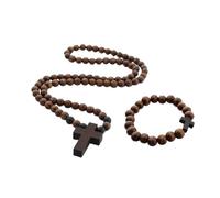 Kysin Chiys Fashion Religious Cross Bracelet Necklace Set 8MM +10MM Wooden Beads for Men Women Faith Prayer Handmade Catholic Jewelry, Zinc, No Gemstone