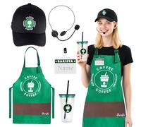 Kyson Barista Costume Set 5Pcs Coffee Maker Outfit Aprons and Cap Café Shop Attendant Uniforms for Men Women Halloween, Set A-black Hat, One Size