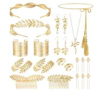 Kysppreu 22Pcs Gr oddess Costume Accessories Set for Women | Laurel Leaf Crown Arm Cuff Coil Bracelet Hair Clips Artificial Pearl Necklace Earrings Leaf Rings Belt Toga Cosplay Jewelry