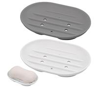 KYSUN Pack of 2 Oval Silicone Soap Dish with Drain, Non-Slip and Robust for Bathroom, Kitchen, Shower, Soft Soap Dishes for Keeps Soap Dry (White + Grey)