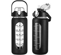 kytffu 56oz Glass Water Bottles with Straw, Motivational Glass Bottle with Silicone Sleeve and Time Marker, Leakproof Large Glass Water Jug for Gym Home Office, Black.