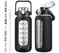 kytffu 64oz Glass Water Bottles with Straw, Half Gallon Motivational Glass Bottle with Silicone Sleeve and Time Marker, 2L Leakproof Large Glass Water Jug for Gym Home Office,Black