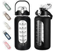 kytffu 64oz Glass Water Bottles with Straw, Half Gallon Motivational Glass Bottle with Silicone Sleeve and Time Marker, 2L Leakproof Large Glass Water Jug for Gym Home Office,Black