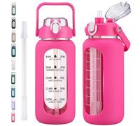 kytffu 64oz Glass Water Bottles with Straw, Half Gallon Motivational Glass Bottle with Silicone Sleeve and Time Marker, 2L Leakproof Large Glass Water Jug for Gym Home Office, Rose Red