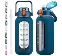 kytffu 64oz Glass Water Bottles with Straw, Half Gallon Motivational Glass Bottle with Silicone Sleeve and Time Marker, 2L Leakproof Large Glass Water Jug for Gym Home Office,Blue