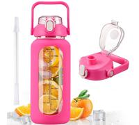 kytffu 64oz Glass Water Bottles with Straw, Half Gallon Motivational Glass Bottle with Silicone Sleeve and Time Marker, 2L Leakproof Large Glass Water Jug for Gym Home Office, Rose Red