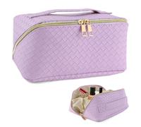 Kytpyi Cosmetics Bag, Makeup Bag, Waterproof PU Leather Travel Pouch with Handle Compartments for Women, Double-Layered Elegant Woven Cosmetic Pouch for Date Party Travel Camping (Purple)