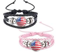 Kytunera 2PCS World Cup American Flag Bracelet Couples Bracelets Black and Pink Patriotic World Cup Soccer Bracelets for Men Women PU Leather Rope Bracelet world cup soccer Party Favors