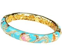 KYUEPONG Cloisonne Bracelet,Enamel Bracelet, Vintage Enamel Lotus Rhinestone Bangle Spring Hinged Cuff Bracelets for Women(Sky blue)