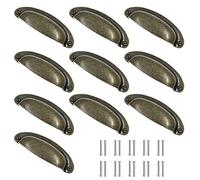 Kyuionty 10Pcs Antique Bronze Drawer Knobs Pull Handle Metal Cup Pull 3.5" Hole Centers, Vintage Shell Pull Handle for Kitchen Cabinets Furniture Wardrobe Medicine