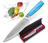 kyushublade Damascus Chefs Knife 8", 67-Layer High Carbon Stainless Steel Kitchen Knife, Blue Resin Handles, Ultra Sharp, Pro Cooking Knifes for Home Restaurant, Gift Box