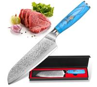 kyushublade Damascus Santoku Knife 7", 67-Layer High Carbon Stainless Steel Kitchen Knife, Blue Resin Handles, Ultra Sharp Chef's Knifes, Pro Cooking Knifes for Home Restaurant, Gift Box