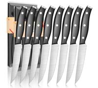 kyushublade Steak Knives, Steak Knife Made of Premium Stainless Steel, Full Tang Serrated Kitchen Knife with Comfort Ergonomic Black Handle, Non-Slip, Dinner Table Cutlery Set Knives (8)