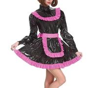 KYXSPINWARDPV PVC Lockable Puff Long Sleeve Maid Uniforms Sissy Turtleneck Pleated A-line Dress Outfits Wetlook Cross-dresser Cosplay Costume Customizable,Pink,M