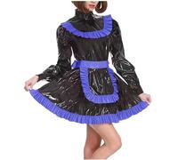 KYXSPINWARDPV PVC Lockable Puff Long Sleeve Maid Uniforms Sissy Turtleneck Pleated A-line Dress Outfits Wetlook Cross-dresser Cosplay Costume Customizable,royal Blue,S