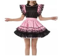 KYXSPINWARDPV Sissy Satin Lockable Dress Maid Cosplay Costume Carnival Christmas Adult Custom,Black Pink,L