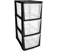 KYY’Z 3 Drawer Storage Unit Rattan Effect A5 Medium Plastic Storage Drawer Unit 3 Tier Storage Cabinet Chest Tower Home Kitchen Office School Garage Living (Black/Clear, 3 Drawers Medium)