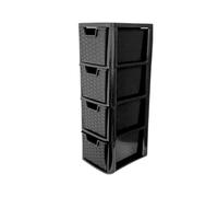 KYY’Z 4 Drawer Storage Unit Rattan Effect A5 Medium Plastic Storage Drawer Unit 4 Tier Storage Cabinet Chest Tower Home Kitchen Office School Garage Living (Black, 4 Drawers Medium)