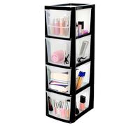 KYY’Z 4 Drawer Storage Unit Rattan Effect A5 Medium Plastic Storage Drawer Unit 4 Tier Storage Cabinet Chest Tower Home Kitchen Office School Garage Living (Black/Clear, 4 Drawers Medium)