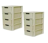 KYY'Z 2 Pack Plastic Storage Drawer Rattan Style 4 Drawer | Large Cream Multipurpose Modular Organizer Stackable Adjustable Stationery Kids Toys Home Bedroom Kitchen Office School | 39D x 39W x 80H cm
