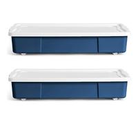 KYY'Z - 2x 47L Wheeled Underbed Storage Boxes Plastic Storage Containers on Wheels Ideal for Clothes Toys Bedding Organiser Stackable Home Bedroom Storage Blue Box with White Lid