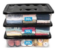 KYY'Z - 3 Pack 30L Clear Underbed Storage Box - Sl lack Lid, Stackable & Nestable - Dustproof Organizer for Clothes, Bedding, Shoes, Toys, Household Essentials - Multi-Purpose Transparent Box (3X)
