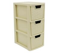 KYY'Z - 3 Tier Medium Plastic Storage Drawer Unit - Rattan Effect Tower Cream - Stackable & Stylish Cabinet with Deep Pull-Out Drawers - Space-saving Organiser 25D x 19W x 48H cm