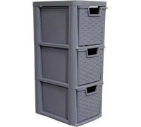 KYY'Z - 3 Tier Medium Plastic Storage Drawer Unit - Rattan Effect Tower Grey - Stackable & Stylish Cabinet with Deep Pull-Out Drawers - Space-saving Organiser 25D x 19W x 48H cm