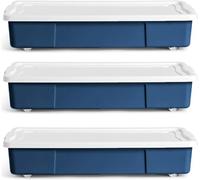KYY'Z - 3x 47L Wheeled Underbed Storage Boxes with Secure Clip Lids Plastic Storage Containers on Wheels Ideal for Clothes Toys Bedding Organiser Stackable Home Bedroom Storage Blue Box with White Lid