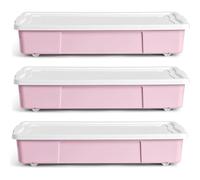 KYY'Z - 3x 47L Wheeled Underbed Storage Boxes with Secure Clip Lids Plastic Storage Containers on Wheels Ideal for Clothes Toys Bedding Organiser Stackable Home Bedroom Storage Pink Box with White Lid