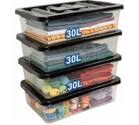 KYY'Z - 4 Pack 30L Clear Underbed Storage Box - Sl lack Lid, Stackable & Nestable - Dustproof Organizer for Clothes, Bedding, Shoes, Toys, Household Essentials - Multi-Purpose Transparent Box (4X)