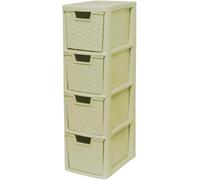 KYY'Z - 4 Tier Medium Plastic Storage Drawer Unit - Rattan Effect Tower Cream - Stackable & Stylish Cabinet with Deep Pull-Out Drawers - Space-saving Organiser 25D x 19W x 62H cm