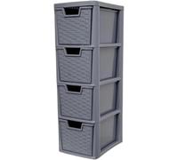 KYY'Z - 4 Tier Medium Plastic Storage Drawer Unit - Rattan Effect Tower Grey - Stackable & Stylish Cabinet with Deep Pull-Out Drawers - Space-saving Organiser 25D x 19W x 62H cm