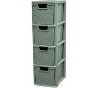 KYY'Z - 4 Tier Medium Plastic Storage Drawer Unit - Rattan Effect Tower Sage Green - Stackable & Stylish Cabinet with Deep Pull-Out Drawers - Space-saving Organiser 25D x 19W x 62H cm